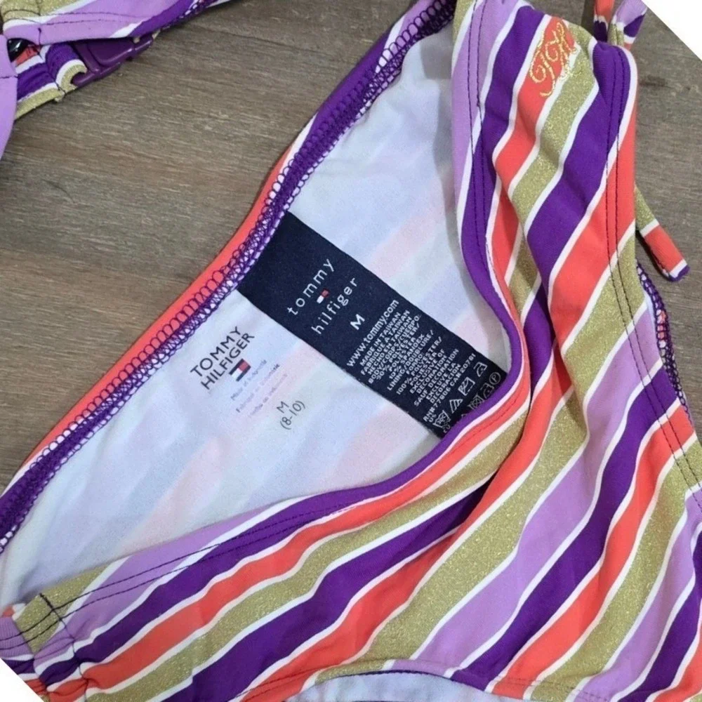 Tommy Hilfiger Girls Bikini Set M 8-10 Purple Orange Gold Stripe 2 Piece NEW tag